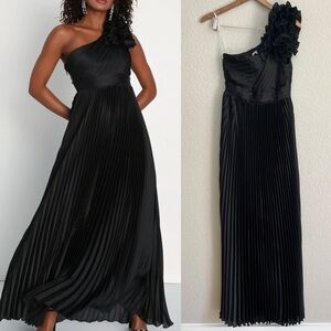 NWOT Radiant Affair Black Satin Pleated One-Shoulder Maxi Dress